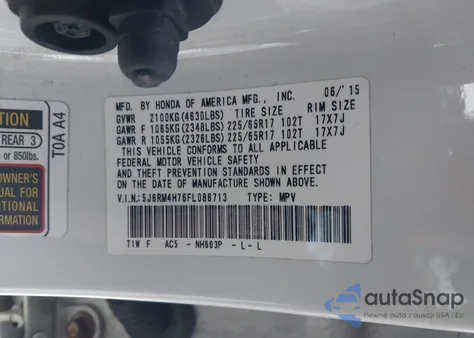 2015 Honda Cr-V Ex-L z USA, uszkodzony, nr VIN 5J6RM4H76FL086713